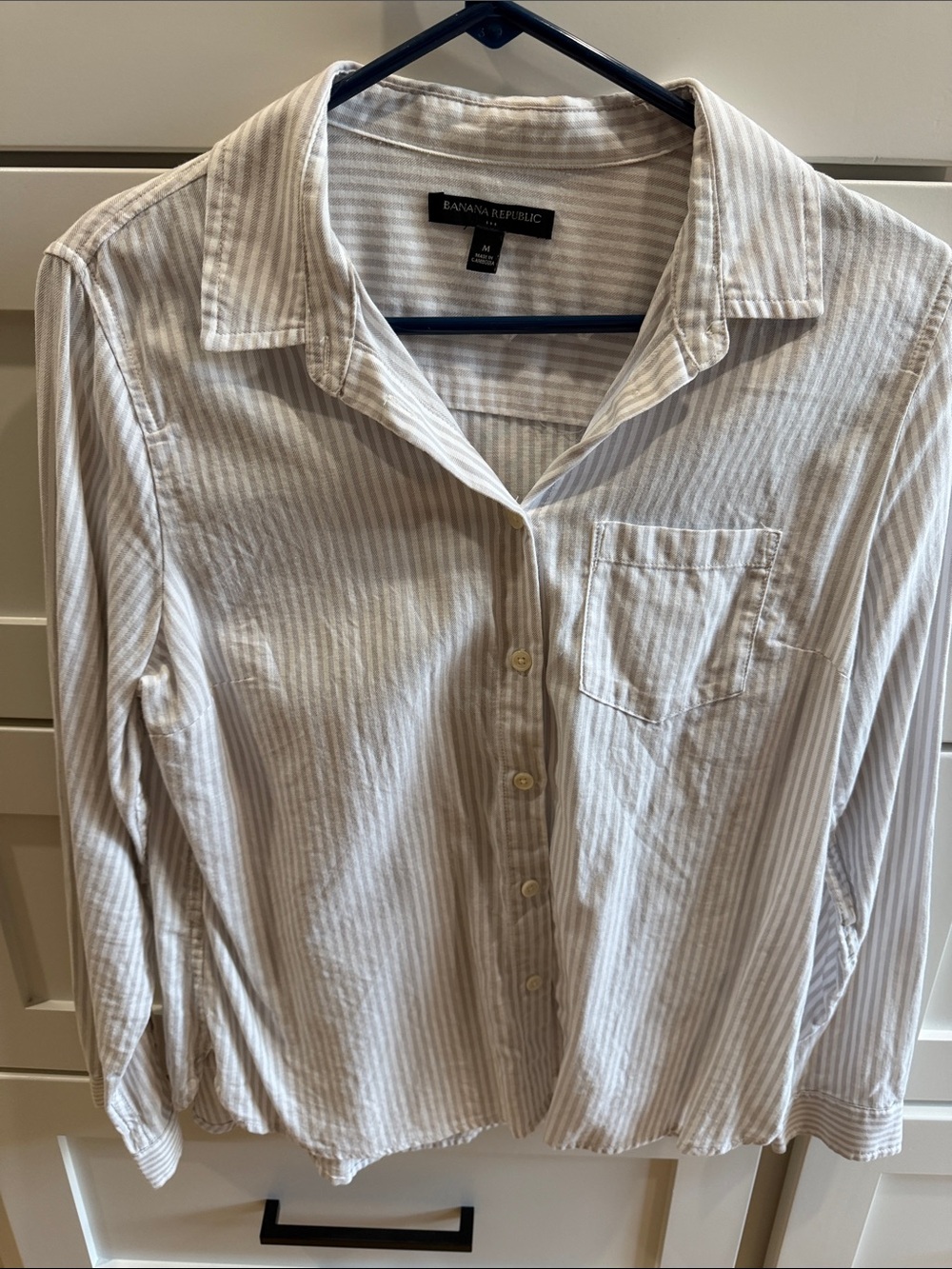 Banana Republic Women's White and Light Gray Striped Button-Down Shirt